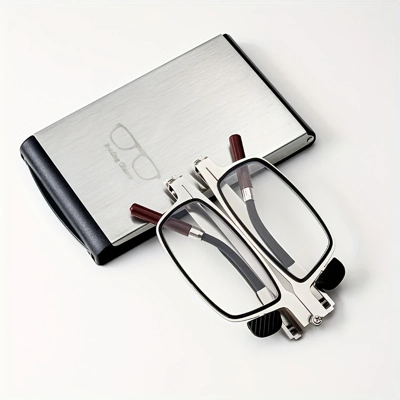 (image for) 2 in 1 Portable Folding Reading Glasses with Metal Glasses Case Mobile Phone Holder HD Anti-Fatigue Anti-blue Light Presbyopic Glasses