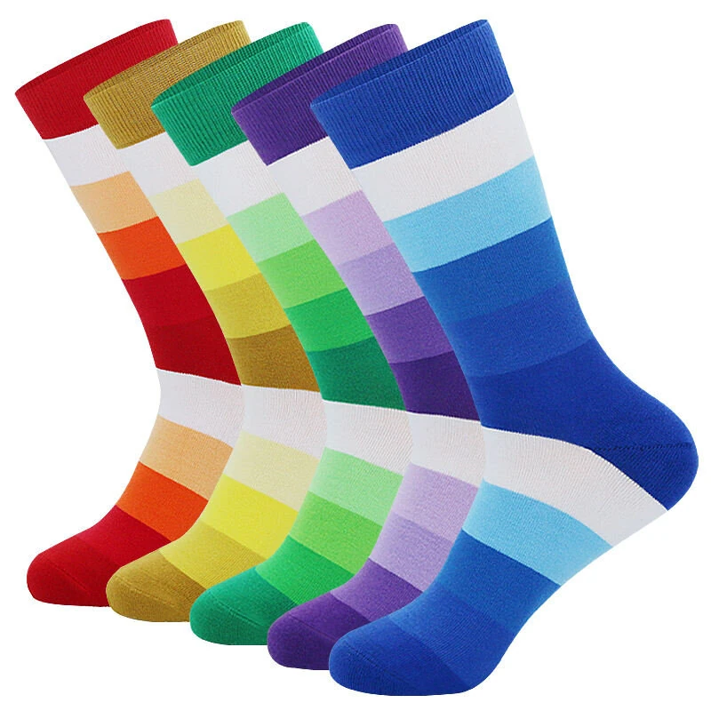 (image for) 5Pairs Men's Striped Colorblock Dress Socks, Comfortable Funny Novelty Crew Socks Plus Size, Sweat Absorption Anti-friction Long Cotton Socks
