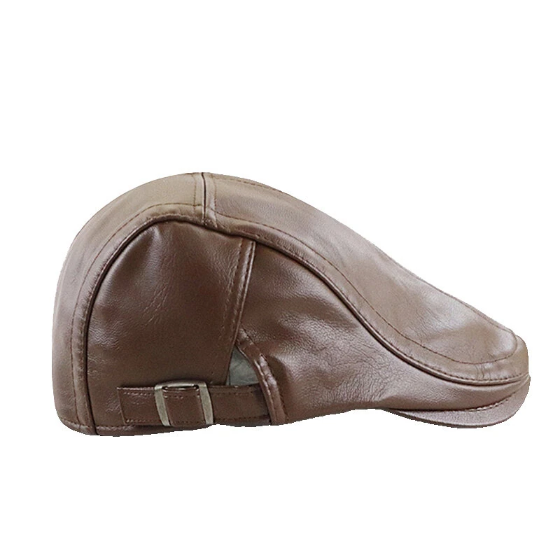 (image for) Collrown Beret Mens Adjustable PU Leather Flat Cap Stitch Newsboy Cap Driving Fishing Cabbie Hat Peaked Cap for Autumn Winter