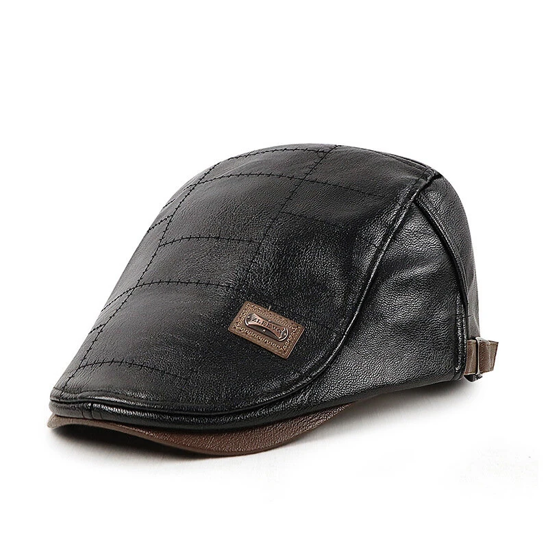 (image for) Collrown Vintage Berets Mens PU Leather Beret Hats Autumn Winter Adjustable Hats Men's Visor Warm Flat Peaked Cap Cabbie Hunting Thicken Hat