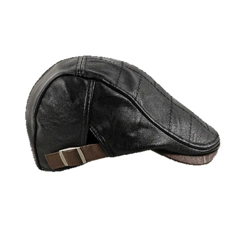 (image for) Collrown Vintage Berets Mens PU Leather Beret Hats Autumn Winter Adjustable Hats Men's Visor Warm Flat Peaked Cap Cabbie Hunting Thicken Hat