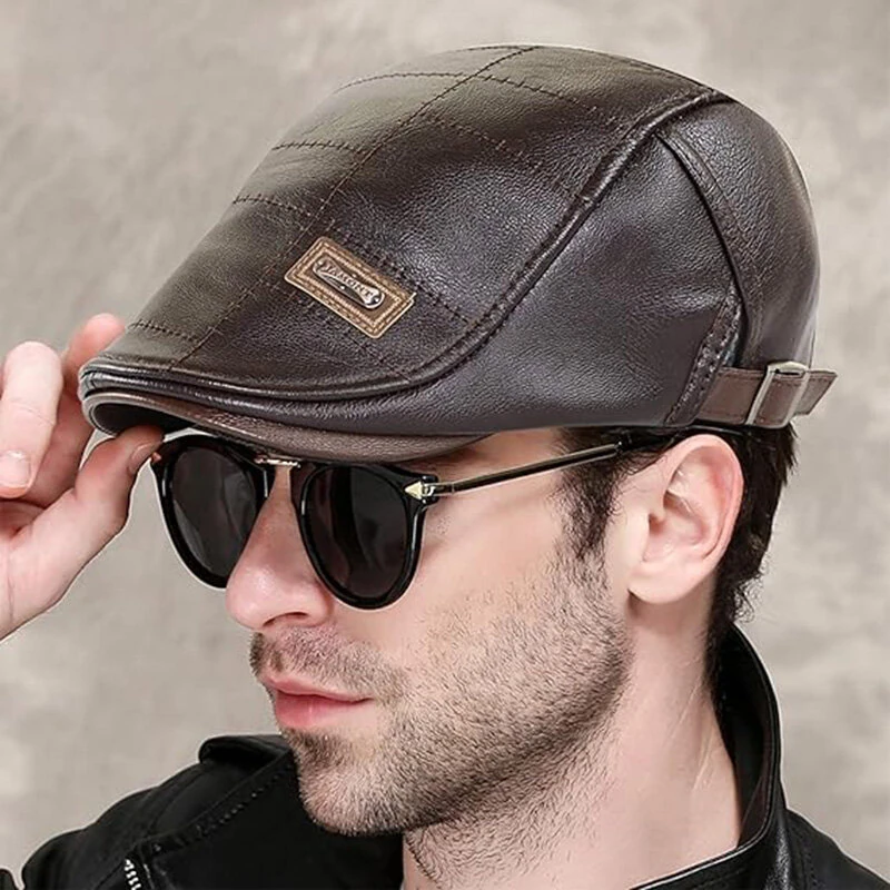 (image for) Collrown Vintage Berets Mens PU Leather Beret Hats Autumn Winter Adjustable Hats Men's Visor Warm Flat Peaked Cap Cabbie Hunting Thicken Hat