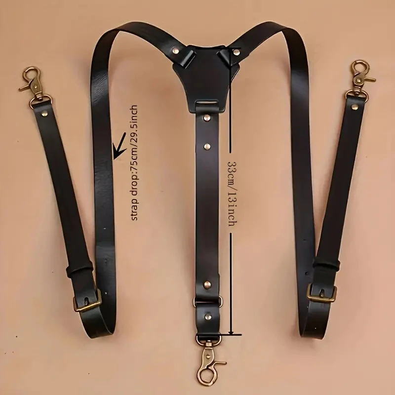 (image for) Men's PU Leather Suspenders Retro Style Y back Adjustable Belt Loop 3 Snap Hooks Belt Mens Trousers Braces